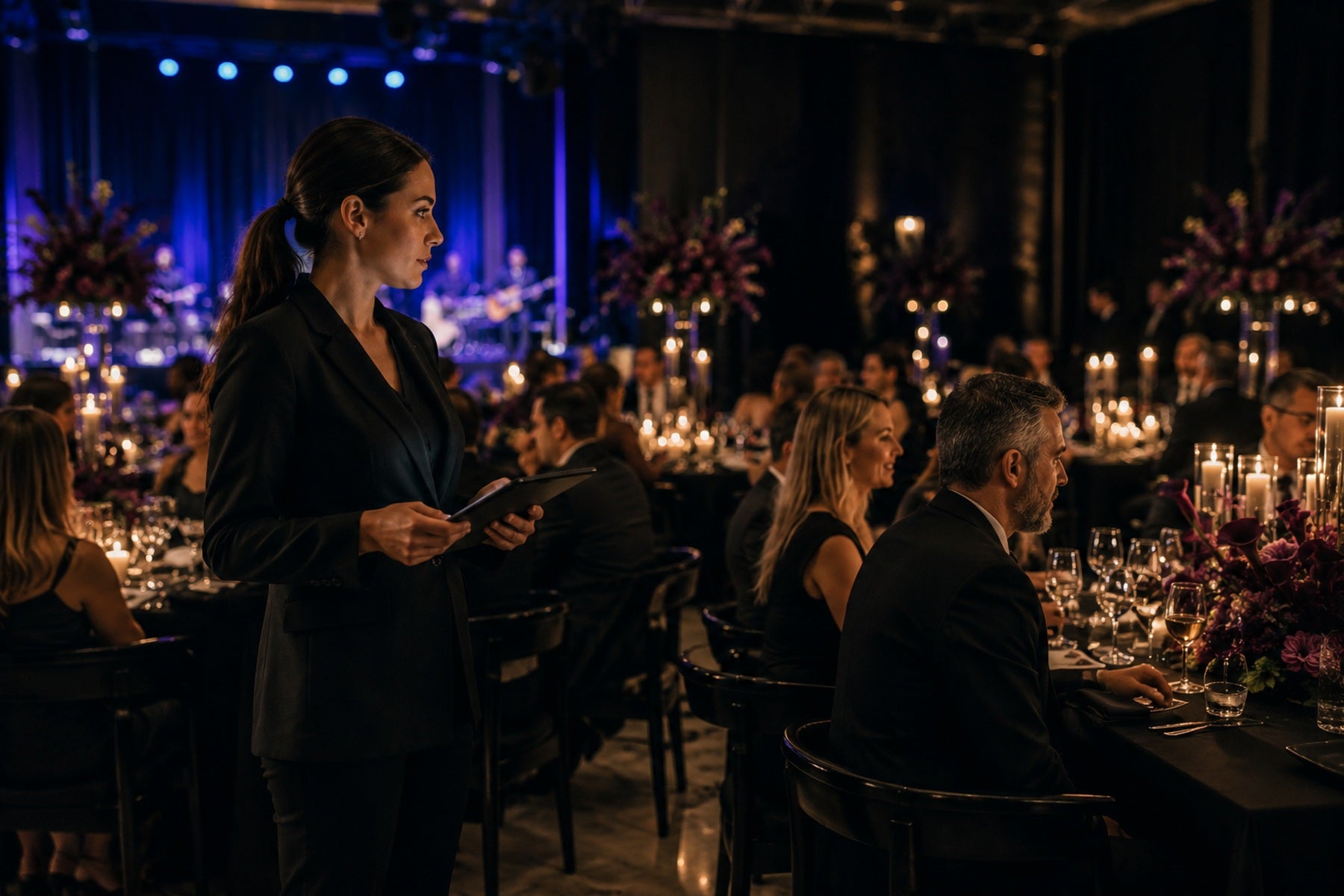 Coordinated evening event activity with guests and stage lighting